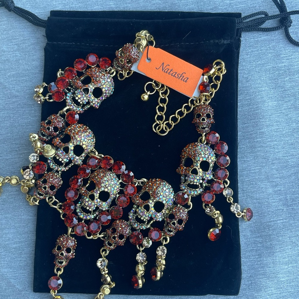 NWT Natasha Couture Gold Brown Red Skull Chandelier Necklace Gothic Steam Punk
